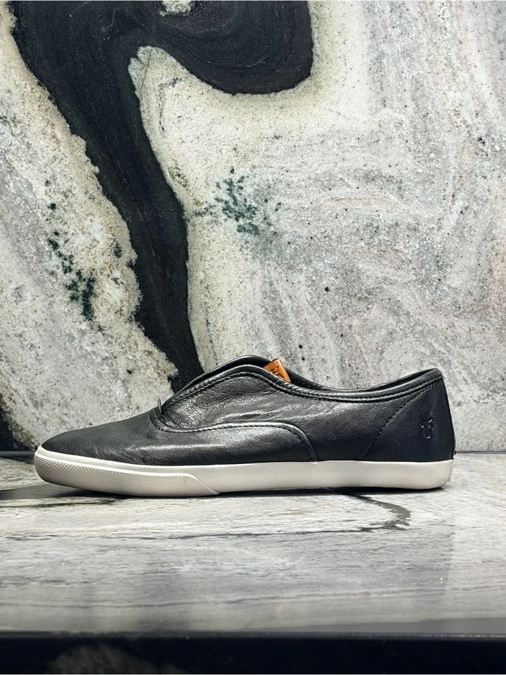 Frye Women’s 7.5 Black Leather Slip-On Sneakers Loafers White Sole